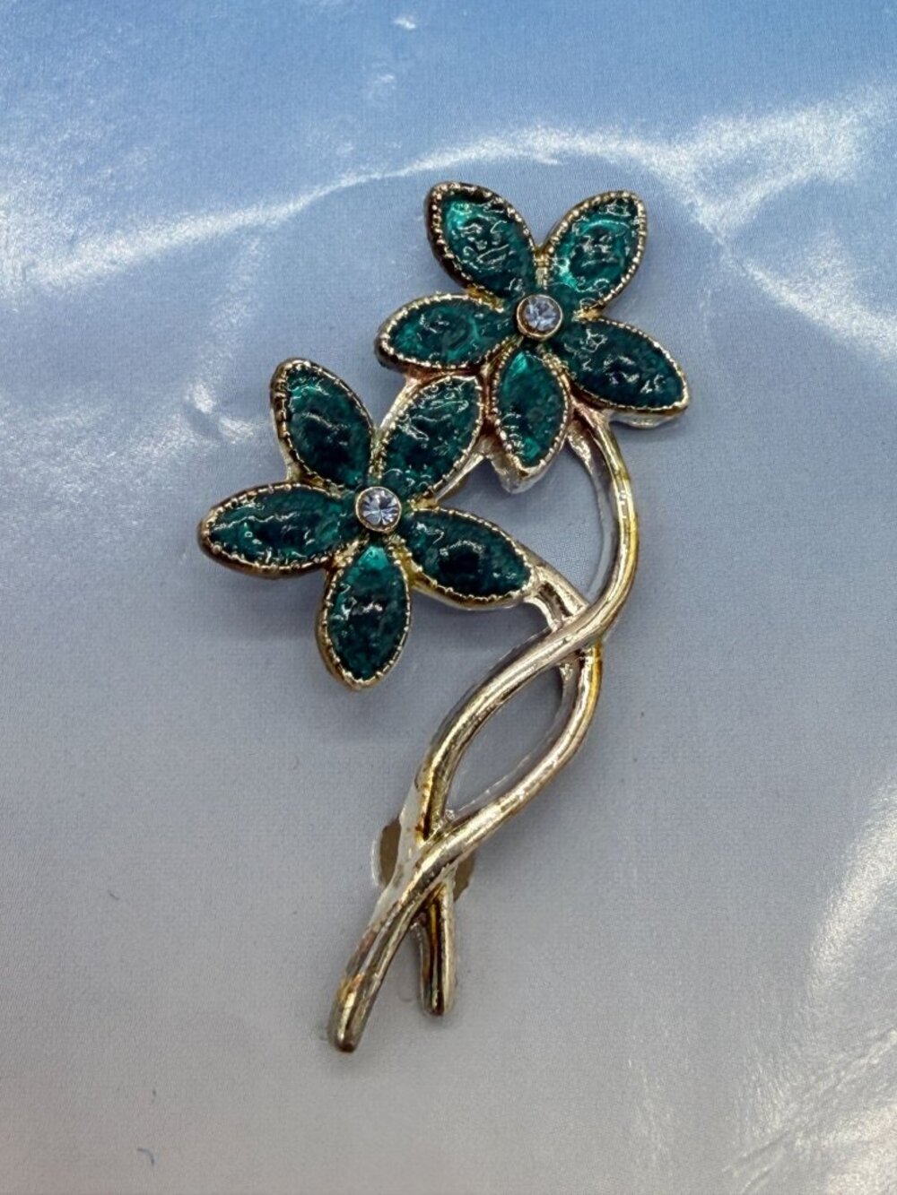 Silver Tone Blue Enamel Double Flower Brooch Pin NOS